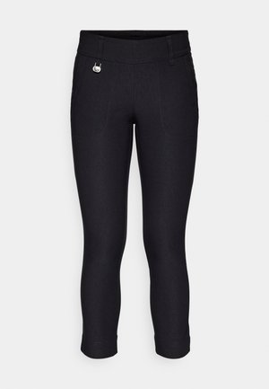 Black capri pants with a smooth texture, featuring a wide waistband and decorative silver hardware. Includes front pockets and stitched detailing.