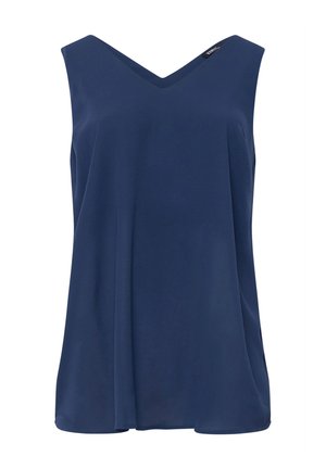 Ærmeløs mørkeblå bluse med V-hals og løs pasform, med et lille sort mærke på venstre skuldersøm.