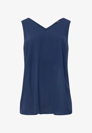 Blouse sans manches bleu marine avec col en V et coupe ample, dotée d'une petite étiquette noire sur la couture de l'épaule gauche.