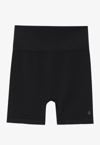 Shorts de sport noirs en tissu extensible. Dotés d'une taille élastique et d'un petit logo sur le côté inférieur droit.