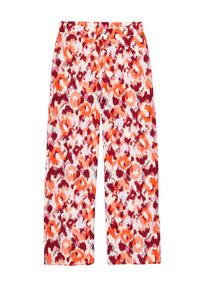 Bloemenprintbroek in tinten van oranje, roze en bordeaux met een gestructureerde stof. Losse, rechte pasvorm met een elastische tailleband.