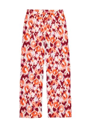 Blumenmuster-Hosen in den Farben Orange, Pink und Bordeaux mit einem strukturierten Stoff. Lockere, gerade Passform mit einem elastischen Bund.