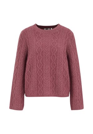 Mīksts mauve krāsas adījuma džemperis ar apaļu kaklu, garām piedurknēm un teksturētu rakstu visā virsmā. Kokvilnas vai vilnas maisījuma materiāls.
