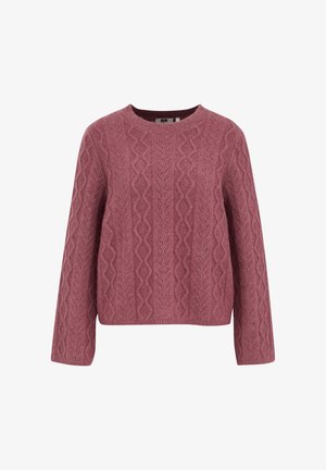Maglione a maglia grossa in un delicato mauve, con scollatura rotonda, maniche lunghe e un motivo testurizzato su tutta la superficie. Materiale misto cotone o lana.