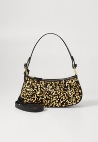 Musta käsilaukku, jossa kultaiset paljetit, pyöreä muoto, lyhyt musta kahva ja irrotettava olkahihna. Vetoketjusuljenta yläreunassa.