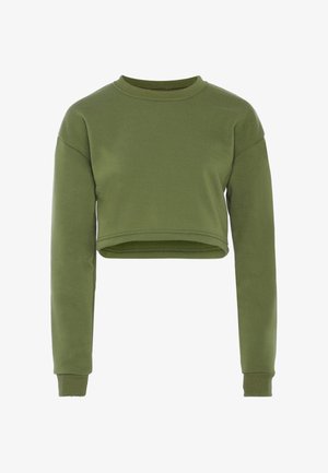 Felpa corta verde oliva con maniche lunghe, colletto a girocollo a costine e polsini a costine.