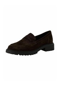 Mörkbruna mocka-loafers med en platt, texturerad gummisula och en sydd detalj över framsidan. Klassisk slip-on-design.