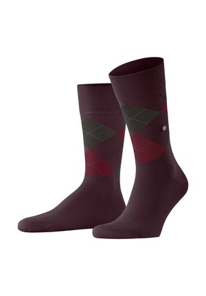 Calzini bordeaux con un motivo a rombi verde e rosso. Polsini a costine, superficie liscia e piccolo logo vicino alla caviglia.