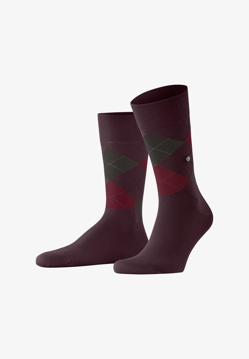 Bordeaux sokken met een ruitpatroon in groen en rood. Geribbelde boorden, gladde textuur en een klein logodetail nabij de enkel.