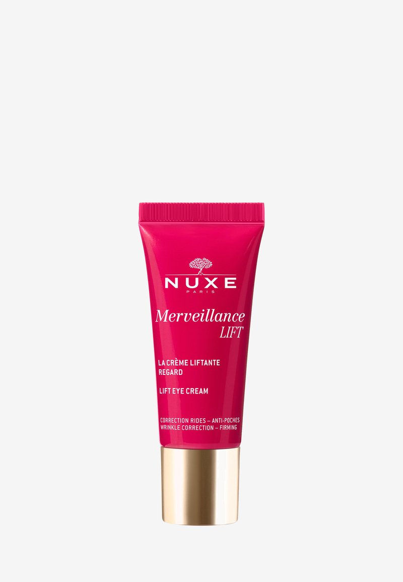 Crema para los ojos NUXE Merveillance Lift en un tubo rosa brillante con acentos dorados. Incluye texto que destaca beneficios como la corrección de arrugas y el efecto reafirmante.