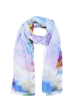 Foulard di seta multicolore con un design astratto floreale nelle tonalità di blu, viola e verde, dal tessuto morbido e liscio.