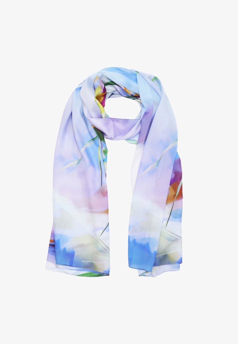 Foulard di seta multicolore con un design astratto floreale nelle tonalità di blu, viola e verde, dal tessuto morbido e liscio.
