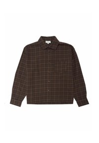 Braun kariertes Flanellhemd mit button-down Kragen, langen Ärmeln, Brusttasche und schwarzen Knöpfen, im entspannten Schnitt.