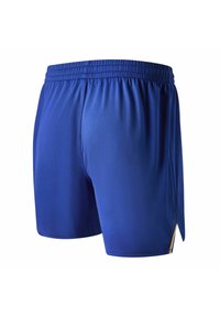 Pantalones cortos deportivos azules hechos de tela suave y ligera con una cintura elástica y aberturas laterales para facilitar el movimiento, con un detalle en amarillo.