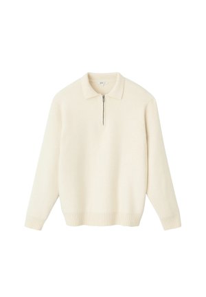 Pull-over en blanc cassé, avec un col zippé, un tissu texturé, des poignets et un ourlet côtelés, et une coupe décontractée.