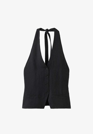 Schwarzes ärmelloses Neckholder-Top mit Knopfleiste vorne und zwei kleinen Fronttaschen, am Hals mit einer Schleife gebunden.
