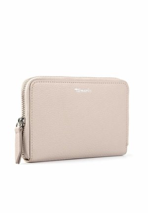 Portafoglio in pelle beige chiaro con texture, dotato di una cerniera argentata e di un piccolo logo metallico "Tamaris" sulla parte anteriore.