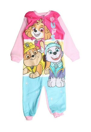 Une combinaison pour enfants rose et bleue avec des chiens de dessin animé, dotée d'une fermeture éclair. Tissu doux, manches longues et un design graphique sur le devant.