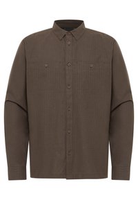 Bruine langhalshemd met een button-down kraag, voorzien van twee borstzakken en subtiele verticale streepstructuur. Bruine knopen complementeren het ontwerp.