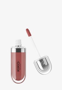 Glossy, rose-toned lip gloss in clear tube with silver cap, applicator wand with sponge tip showing product texture.