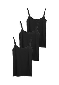 Drie zwarte cami-tops met verstelbare spaghettibandjes, voorzien van een geschulpte halslijn en gemaakt van zachte katoen.