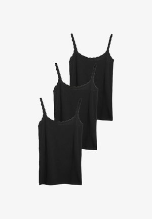Drie zwarte cami-tops met verstelbare spaghettibandjes, voorzien van een geschulpte halslijn en gemaakt van zachte katoen.