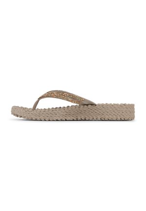 Beige vævede platform-flipflops med tekstureret sål og glitrende gyldne og brune pyntede stropper.
