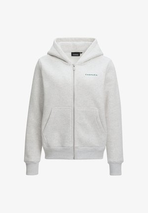 Lys grå zip-up hettegenser laget av myk stoff. Har snor i hetten, frontlommer og grønt logo. Ribbet mansjetter og hem.