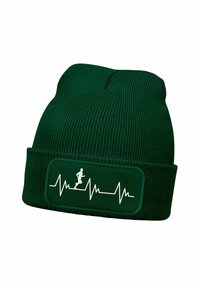 Green knitted beanie featuring a fold-over cuff, emblazoned with a white heartbeat line and a running figure on a rectangular patch.