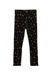 Svarta leggings med ett färgglatt hjärtmönster i röd, rosa, blå, gul och lila. Tillverkade av mjukt, elastiskt material.