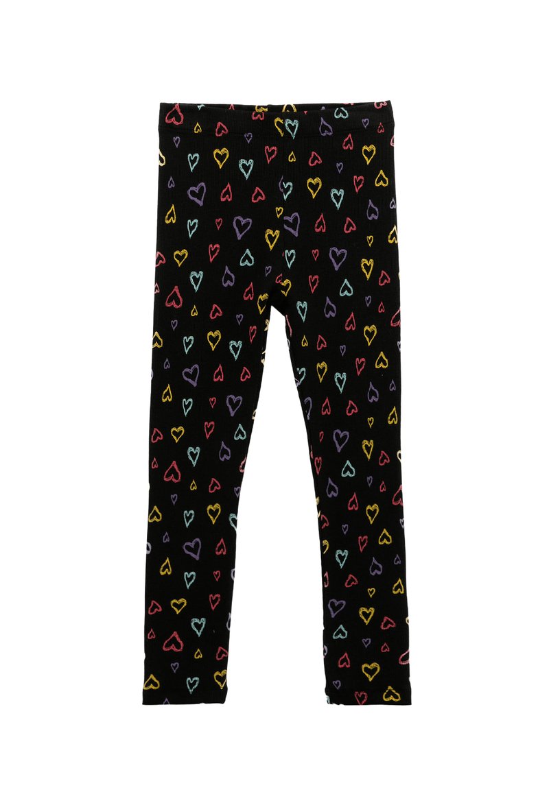 Svarta leggings med ett färgglatt hjärtmönster i röd, rosa, blå, gul och lila. Tillverkade av mjukt, elastiskt material.