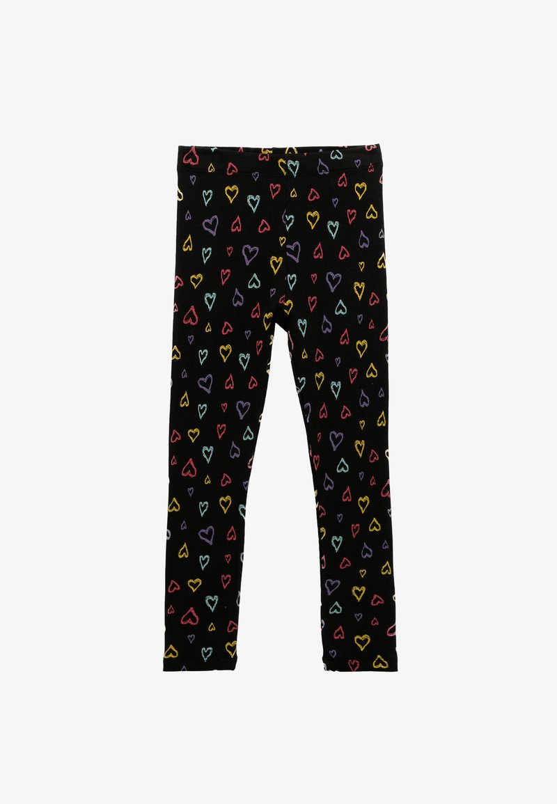 Czarne legginsy z kolorowym wzorem serc w odcieniach czerwieni, różu, niebieskiego, żółtego i fioletowego. Wykonane z miękkiego, elastycznego materiału.
