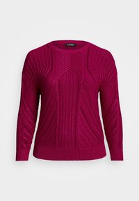 Fuchsiový pletený svetr s kulatým výstřihem, se strukturovanými vzory a dlouhými rukávy, zakončený žebrovaným lemem.