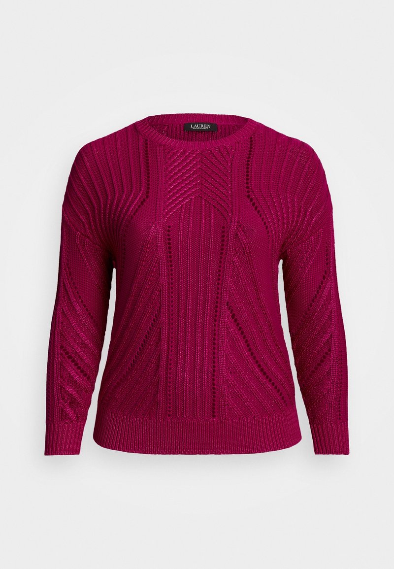 Fuchsiový pletený svetr s kulatým výstřihem, se strukturovanými vzory a dlouhými rukávy, zakončený žebrovaným lemem.