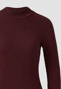 Burgunderfarbener Strickpullover mit hohem Stehkragen, ausgestattet mit strukturiertem Rippmuster und langen Ärmeln, gefertigt aus einem weichen, dehnbaren Stoff.