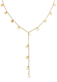 Collana color oro con pendenti circolari, caratterizzata da una catena delicata e un design a forma di Y con accenti pendenti di lunghezze variabili.