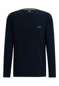 Navyblaues Langarm-T-Shirt aus weichem Stoff, mit einem runden Halsausschnitt und einem kleinen 'BOSS'-Logo auf der Brust. Einfaches und eng anliegendes Design.