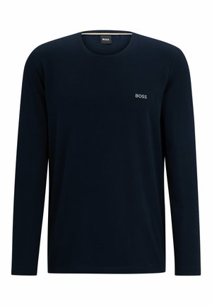 Navyblaues Langarm-T-Shirt aus weichem Stoff, mit einem runden Halsausschnitt und einem kleinen 'BOSS'-Logo auf der Brust. Einfaches und eng anliegendes Design.