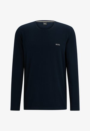 Laivastonsininen pitkähihaine T-paita, joka on valmistettu pehmeästä kankaasta. Siinä on pyöreä pääntie ja pieni 'BOSS'-logo rinnassa. Yksinkertainen ja tiukka muotoilu.