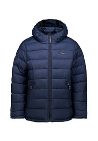 Chaqueta acolchada de color azul marino con capucha, que cuenta con un cierre frontal con cremallera y dos bolsillos laterales con cremallera, fabricada con un material suave e insulated.