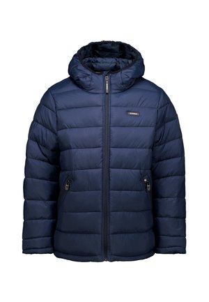 Chaqueta acolchada de color azul marino con capucha, que cuenta con un cierre frontal con cremallera y dos bolsillos laterales con cremallera, fabricada con un material suave e insulated.