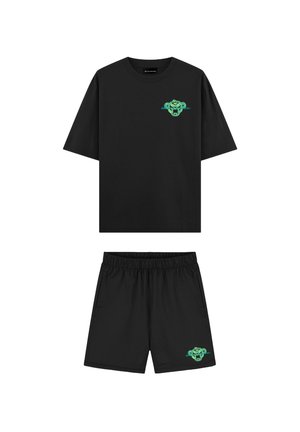 Black short-sleeve t-shirt and shorts set with green stylized monkey face logo on left chest and left leg.
