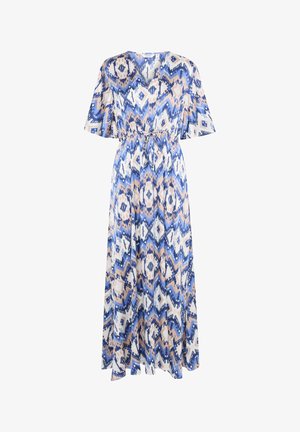 Maxikjole med et blåt, beige og hvidt zigzag-mønster, korte ærmer og en justerbar snoreliv. Lavet af letvægtsstof.