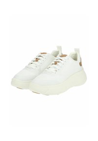 Sneaker bianco con tomaia in tessuto testurizzato, dotata di chiusura con lacci, accentuata da un dettagli in cuoio sul tallone e una spessa suola in gomma bianca.