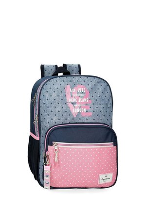 Mochila azul y rosa con pequeños motivos de corazones, bolsillo frontal y texto "LOVE" con la marca Pepe Jeans en la parte delantera.