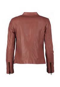 Brun læderjakke med et tætsiddende design, slank pasform og lynlåse på ærmerne. Glat tekstur med en diskret glans. Vist fra bagsiden.