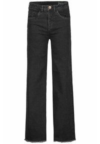 Schwarze Denim-Jeans mit geradem Bein, hoher Taille, fransigen Säumen und klassischem Fünf-Taschen-Design.