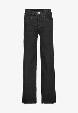 Pantalones vaqueros de mezclilla negra con corte recto, que presentan una cintura alta, dobladillos deshilachados y un diseño clásico de cinco bolsillos.