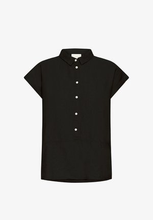 Czarna koszula krótki rękaw z zapięciem na guziki, z białymi guzikami i klasycznym kołnierzykiem. Miękka tekstura z luźnym krojem.