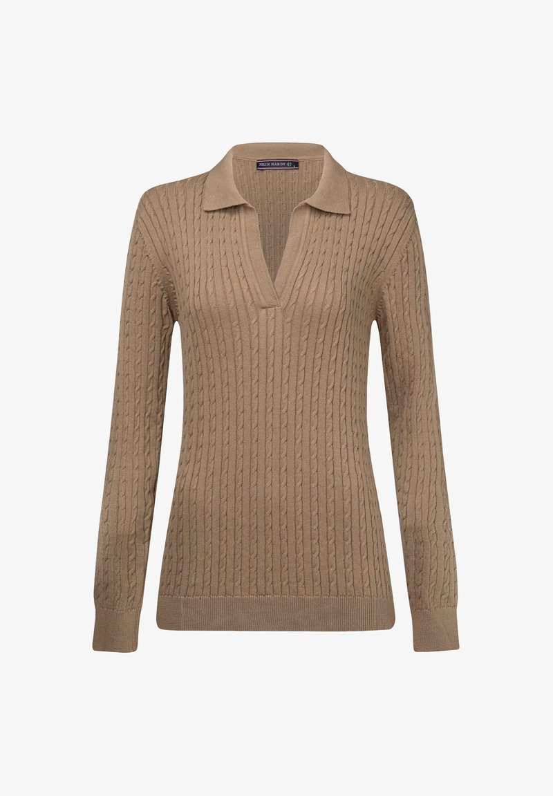 Beige gestrickter Pullover mit Kragen, langen Ärmeln und geripptem Struktur, das durchgehend ein Zopfmuster aufweist.